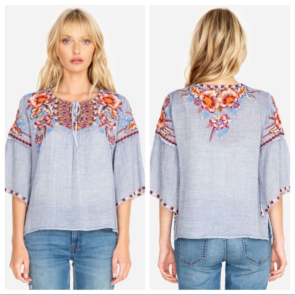 NWT JOHNNY WAS Caila Embroidered Ruffle Blouse XS